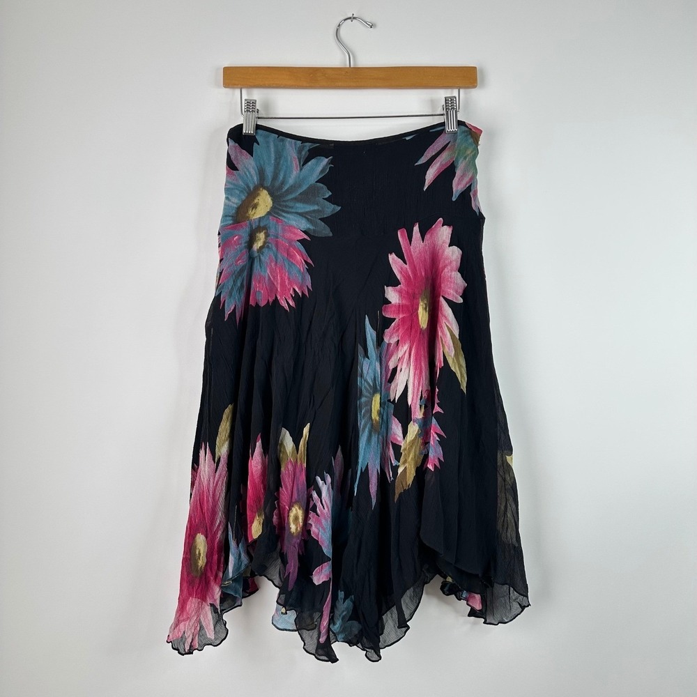 Karen Kane Floral Black Midi Skirt Women's Size 6 Asymmetrical Hem - Picture 3 of 5